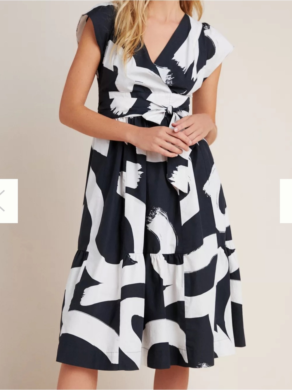 Anthropologie Black & White Brushstroke Tie-Waist Midi Dress